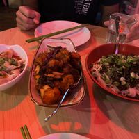 from left to right: vegetable wontons in chili oil, salt and pepper tofu, dan dan noodle  at Spicy Moon  - Bowery in New York City