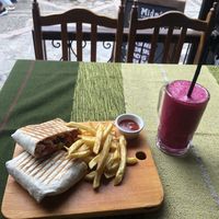 Vegan tacos and smoothie “purple” (beetroot, banana and orange)  at MIDO'S in Chefchaouen