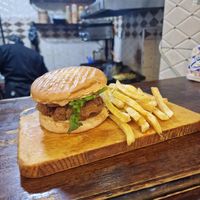 Falafel burger comes with fries at MIDO'S in Chefchaouen