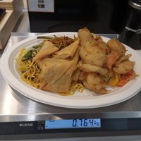 Wheat noodles, somosas, tempura veg at Oriental Express in Bydgoszcz