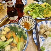 Vegetarian pho and veggie spring rolls.   at Quan Little Hanoi in Hanoi