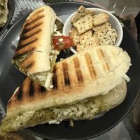 Mozzarella Sheese, pesto and mixed grilled veg panini with ZENB cracker bites  at Canterbury Tails Cat Cafe in Canterbury