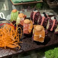 Rainbow sushi with "tuna" and "salmon", and the truffle "caviar" with "crab" at Emira in Berlin