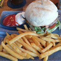 Burger with portobello and fries at Helgoländer Fährhaus in Heligoland
