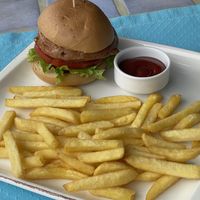 Meatless burger with fries  at Dionysos Grill in Rhodes