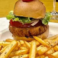 Meatless burger with fries  at Dionysos Grill in Rhodes
