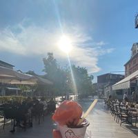 Watermelon sorbet and dark chocolate gelato  at Gelateria Le Magiche Voglie in Venice
