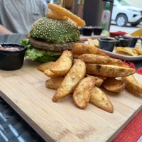 Vegan bean burger with fries  at Ocho Artisan Bungalows in Tamarindo