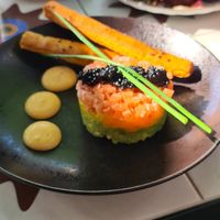 We had a "salmon" tartar and sweet potato pancakes, some coffee and the croissant. Everything was very good, except the pancakes were a bit over baked and bland. at Nihe in Tallinn