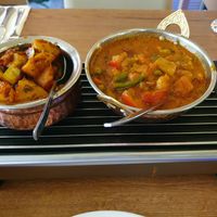 Right side Navratan Jal Frezie (I chose 'pittig'), left side Bombay Allo. close up at Little India in Nijmegen