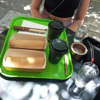 Vegan hot dogs and cold espresso!!!!! 🤤🤤🤤 at Early Bites in Athens