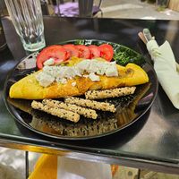 Chick pea Omelette with mushrooms and Feta. at Early Bites in Athens