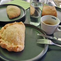 Calzone (front), spinach pastry (left), and no chicken pastry (right) at Early Bites in Athens