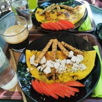 Greek omlet, sausage omlet, juice and coffee at Early Bites in Athens