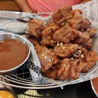 Chicken with spicy hot pot sauce at Vampire's Chicken in Seoul