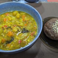 Vegetable soup with gluten free bread at Armon Apart Hotel, Restaurant & Yoga in Khujand