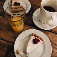 tea, orange juice, “cheese” cake, chocolate cake.  at MiiT in Riga