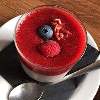 Chia pudding with strawberry sauce. (October 2019)  at MiiT in Riga