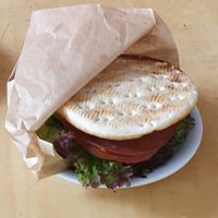 vegan sausage sandwich at MiiT in Riga