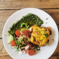 Lentil lasagne, pesto and salad at MiiT in Riga