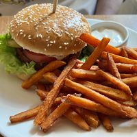 ‘Chicken’ burger and sweet potato fries   at MiiT in Riga