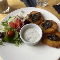 Potato pancakes with chia caviarr  at MiiT in Riga