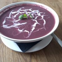 Vegan red cabbage soup, a staple of nordic countries. Love the swirly patter! at MiiT in Riga