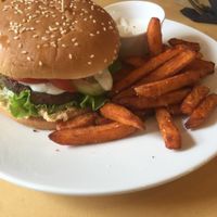 Falafel burger & sweet potato fries at MiiT in Riga