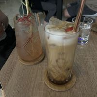 Pumpkin spice latte and rhubarb lemonade   at VíK - Vegan Venue in Bratislava