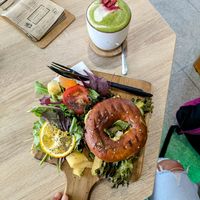 Bagel and Matcha latte 🥯 🍵 at VíK - Vegan Venue in Bratislava