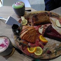 Hot chocolate, matcha latte, croissant, apple pie, cherry&chocolate pie at VíK - Vegan Venue in Bratislava
