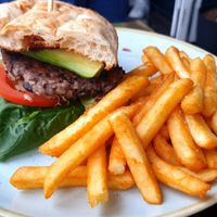 Veg burger made vegan at Cooked Goose Cafe in Hyams Beach