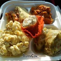 Vegan Thanksgiving feast with stuffed yuba rolls,macaroni & cheeze, lasagna, sweet potatoes w/agave & orange, & pumpkin cheezecake cupcake. at Vegan with Joy in Rancho Cucamonga