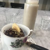 Banana cupcake and banana milkshake with almond milk at Simply Raw Bakery and Bistro in Vienna