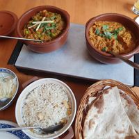 Aloo mataar, baigan bartha, pilau rice, tandoor roti + cole slaw at Indian Tandoori in Bruges