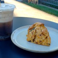 Dirty (with coffee) root beer float and a savory bacon cheddar scone at Exquisite Creatures Coffee in Portland