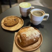 Matcha Latte with oat milk, Shoofly vegan chocolate chip cookie, vegan chocolate croissant 🥐   at Exquisite Creatures Coffee in Portland