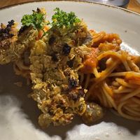 Crispy eggplant spaghetti. Unusual but tasty and I loved the texture of the crisp. The pasta sauce was superb   at Anandinii Organic Garden & Kitchen in Sidemen
