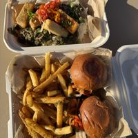 fried tofu rice bowl (vegan) & tofu sliders with truffle fries (vegetarian)   at Birdhaus Beer Garden in Union City
