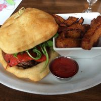 portobello burger with sweet potato fries  at Black Sheep Cafe in Provo