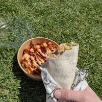 Quorn nugget wrap with salad; Mixed fries with jerk sauce and vegan Cajun mayo at Lj Hugs in Bath