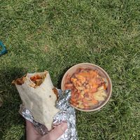 Vegan chilli wrap with salad, mixed fries with sriracha sauce and vegan Cajun mayo at Lj Hugs in Bath