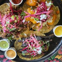 Cauliflower, BBQ portabella, and Tofu tacos  at Mexican Fiesta Taqueria in Mount Kisco
