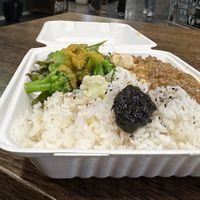 Medium size bento, I had the tofu with edamame and broccoli. The sauce on the rice is a seaweed sauce  at Kinoko Deli in Hobart