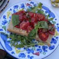 Truffle bruschetta without cheese and added pine nuts instead   at Basta in Stockholm