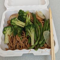 Noodles, potatoes, green beans, broccoli at Yum Yum Kitchen in Saratoga Springs