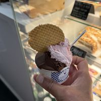 Vegan Strawberry and Vegan Dark Chocolate. The Croffle is perhaps not vegann  at Mizzica Gelateria & Cafe in Toronto