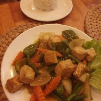 Fried lemongrass tofu with rice at Nick Restaurant in Siem Reap