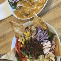 Taco Salad and Tiki Masala Bowl.   at Green Grill in Guerneville