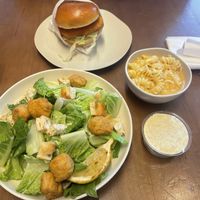 Mac and cheese, Buffalo chicken sandwich and Romain Caesar salad   at Veggie Grill by Next Level - Santana Row in San Jose